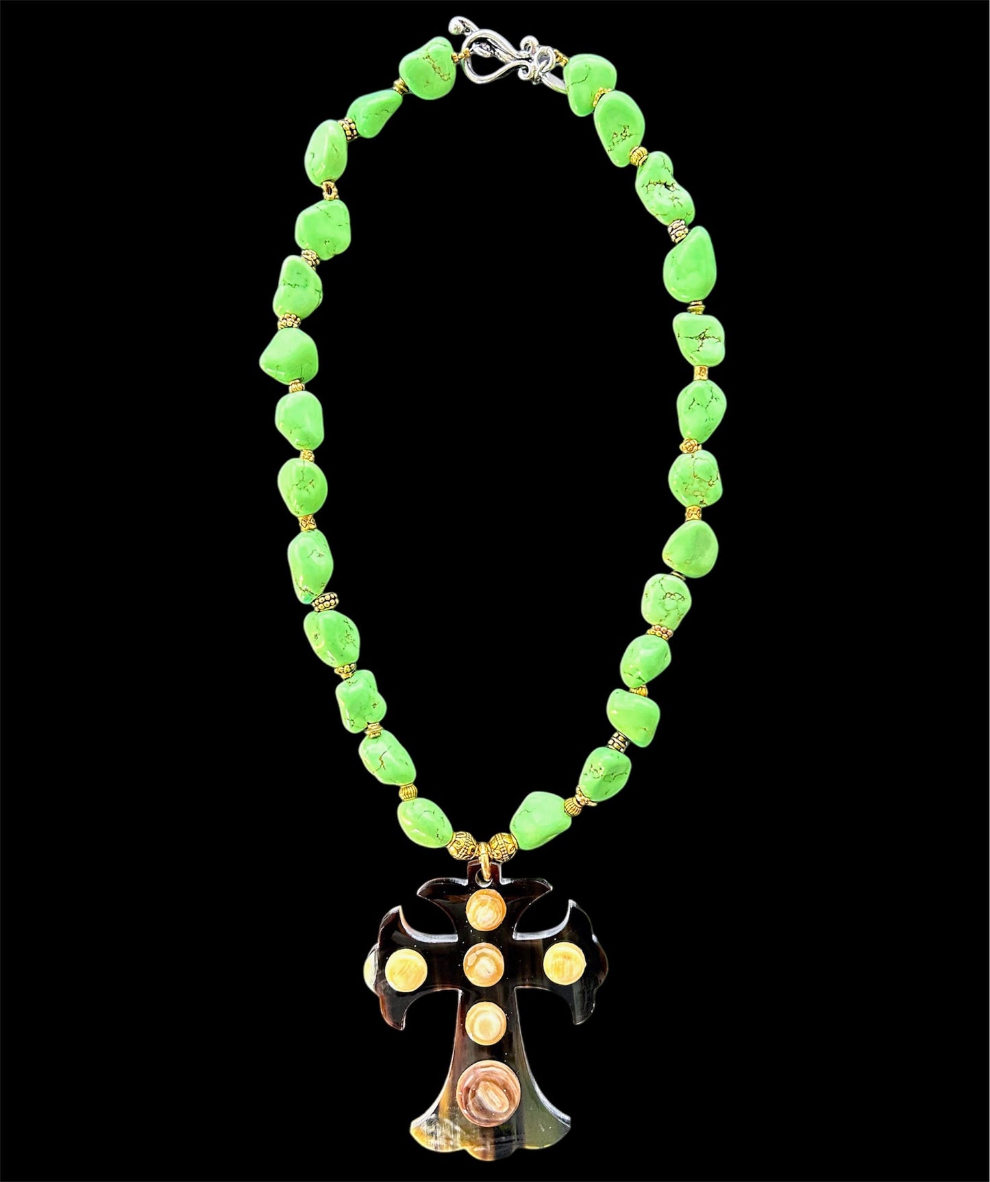 Green magnesite necklace with buffalo horn cross pendant