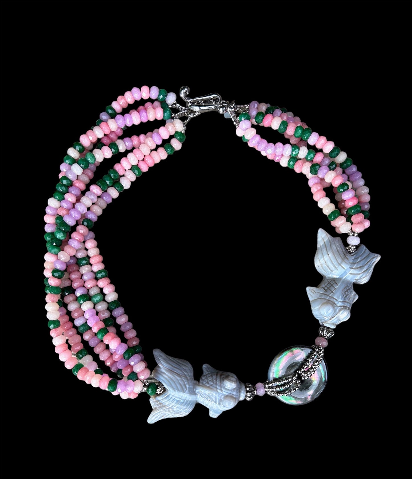 Multi- coloured agate choker with striped agate goldfish and mother of pearl donut