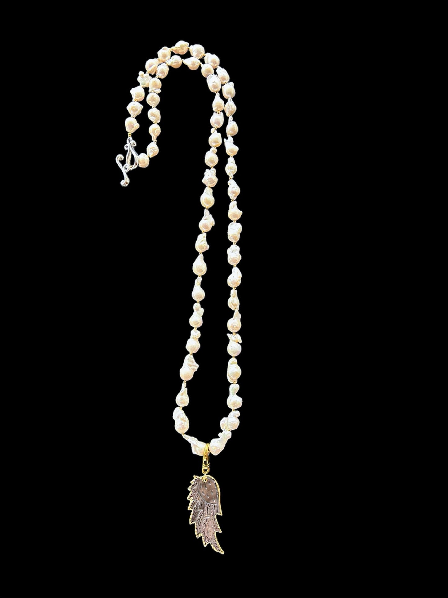 Baroque freshwater pearl necklace with large brass hook and abalone shell pendant