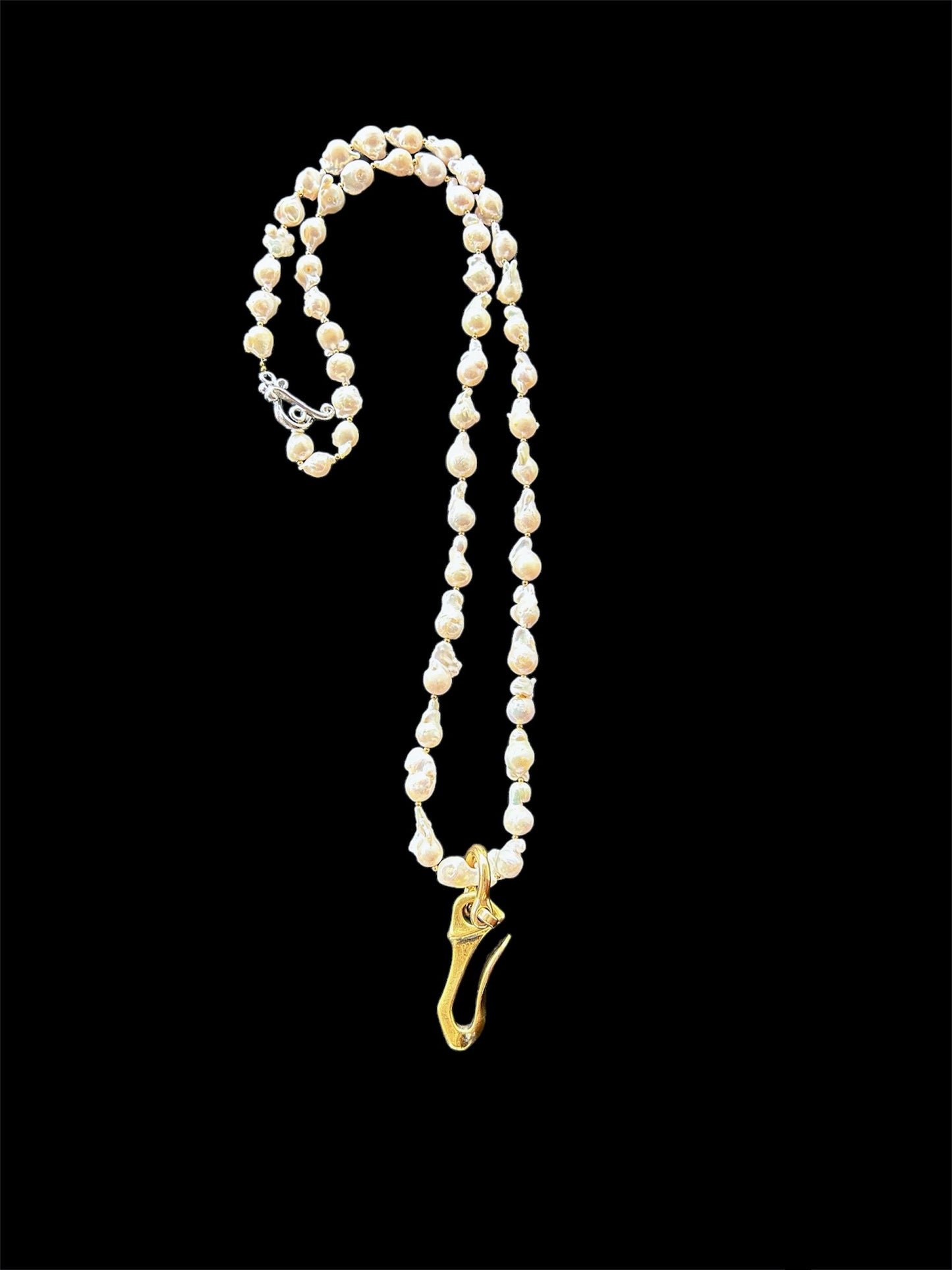 Baroque freshwater pearl necklace with large brass hook and abalone shell pendant