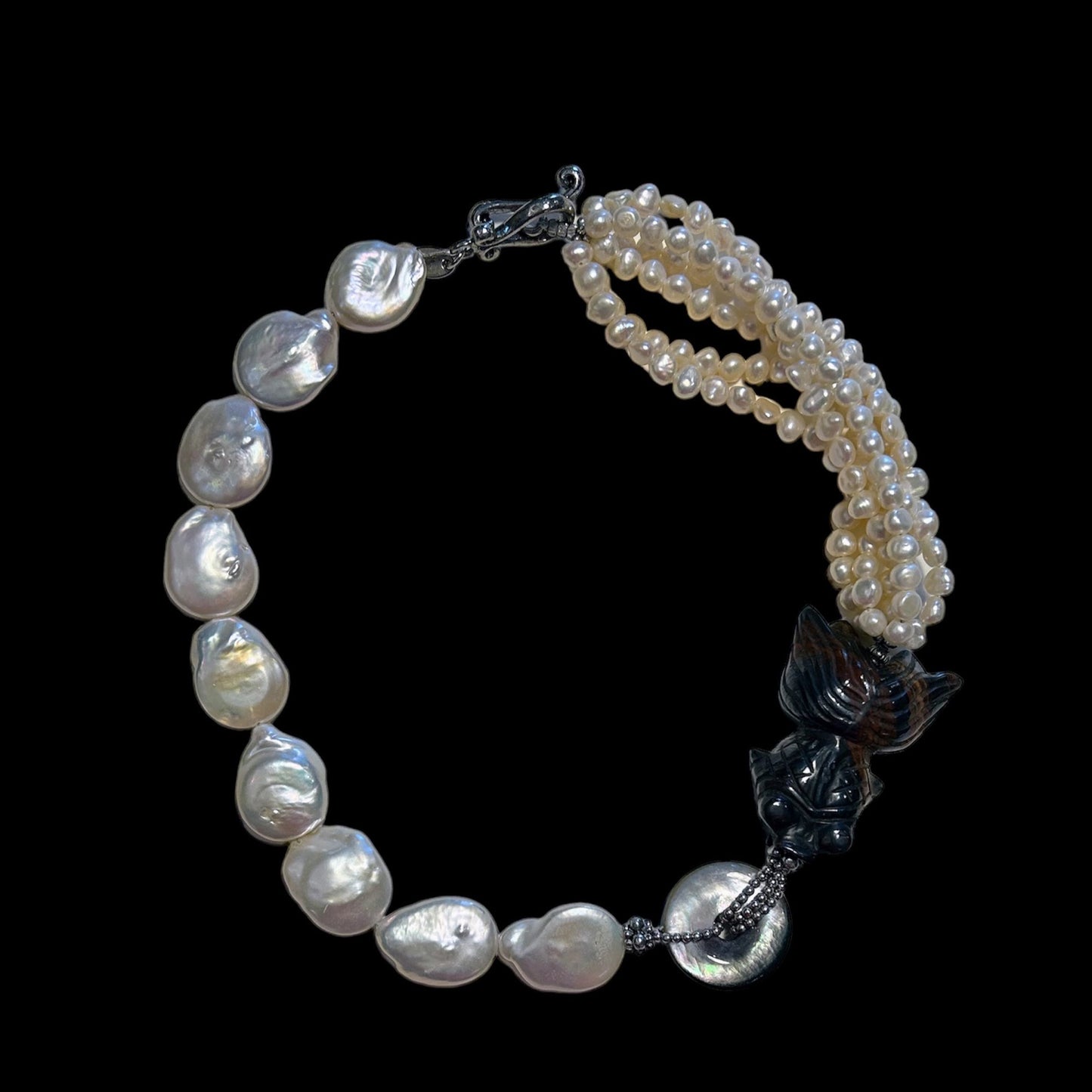 Coin and seed freshwater pearl choker with iron tiger eye goldfish and mother of pearl donut