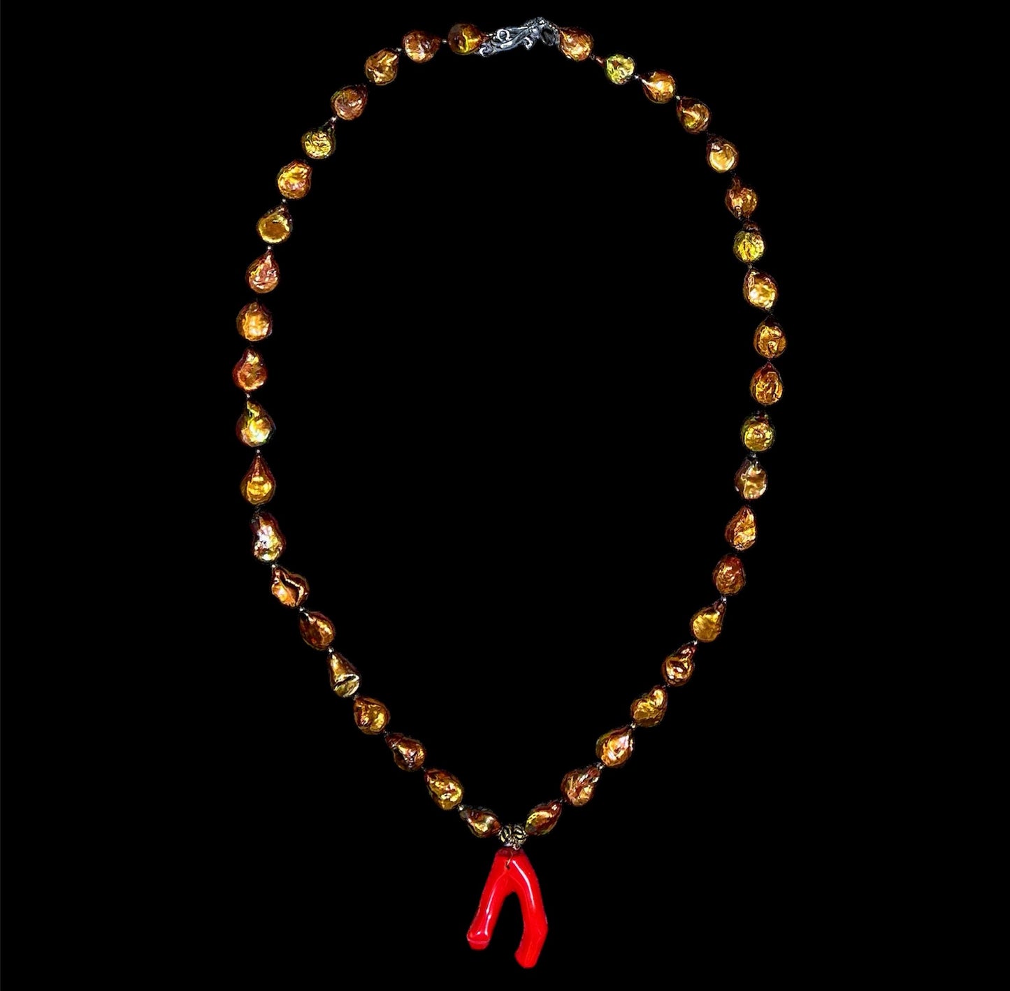 Long bronze freshwater pearl necklace with sea bamboo pendant