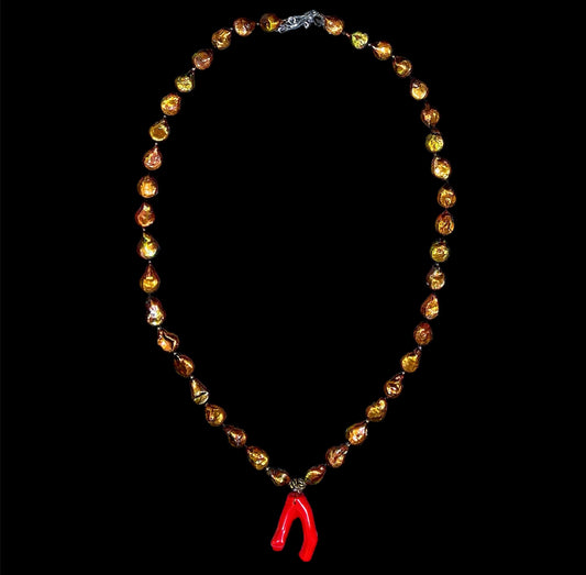 Long bronze freshwater pearl necklace with sea bamboo pendant