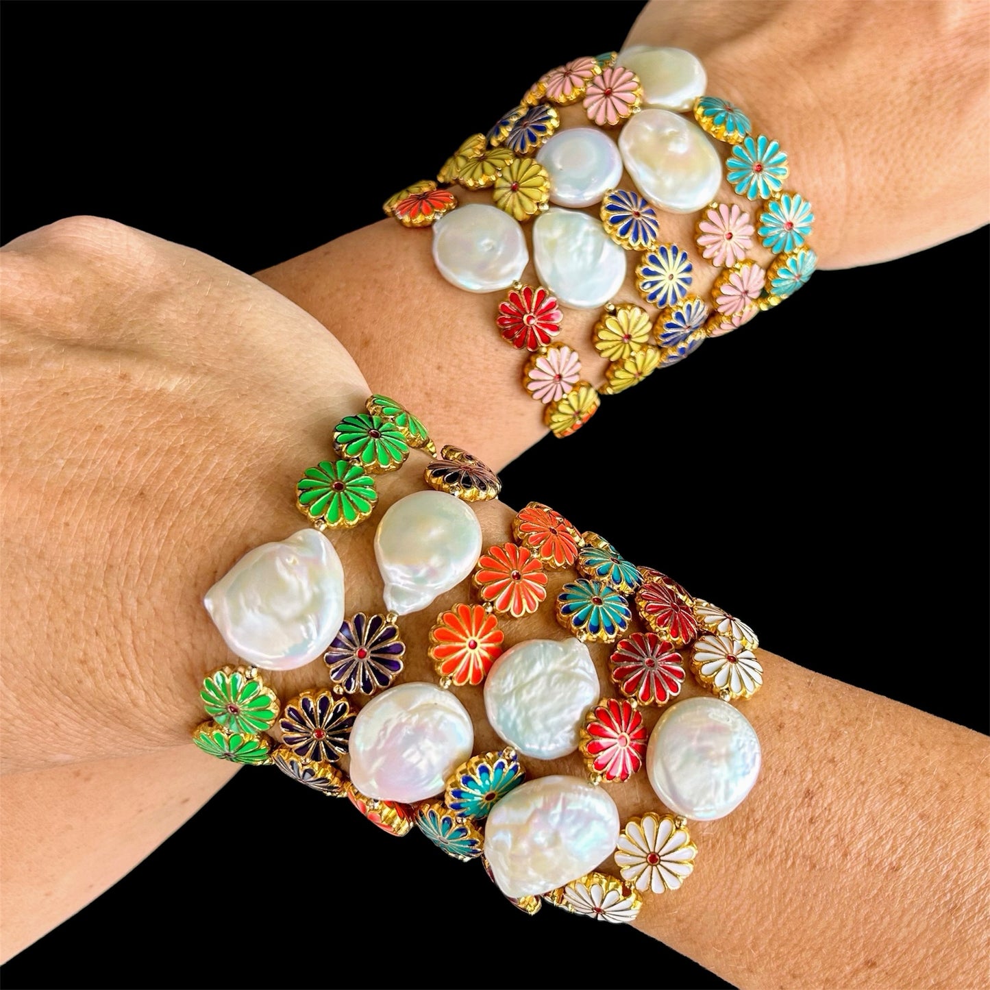 Cloisonne flower and coin freshwater pearl bracelet