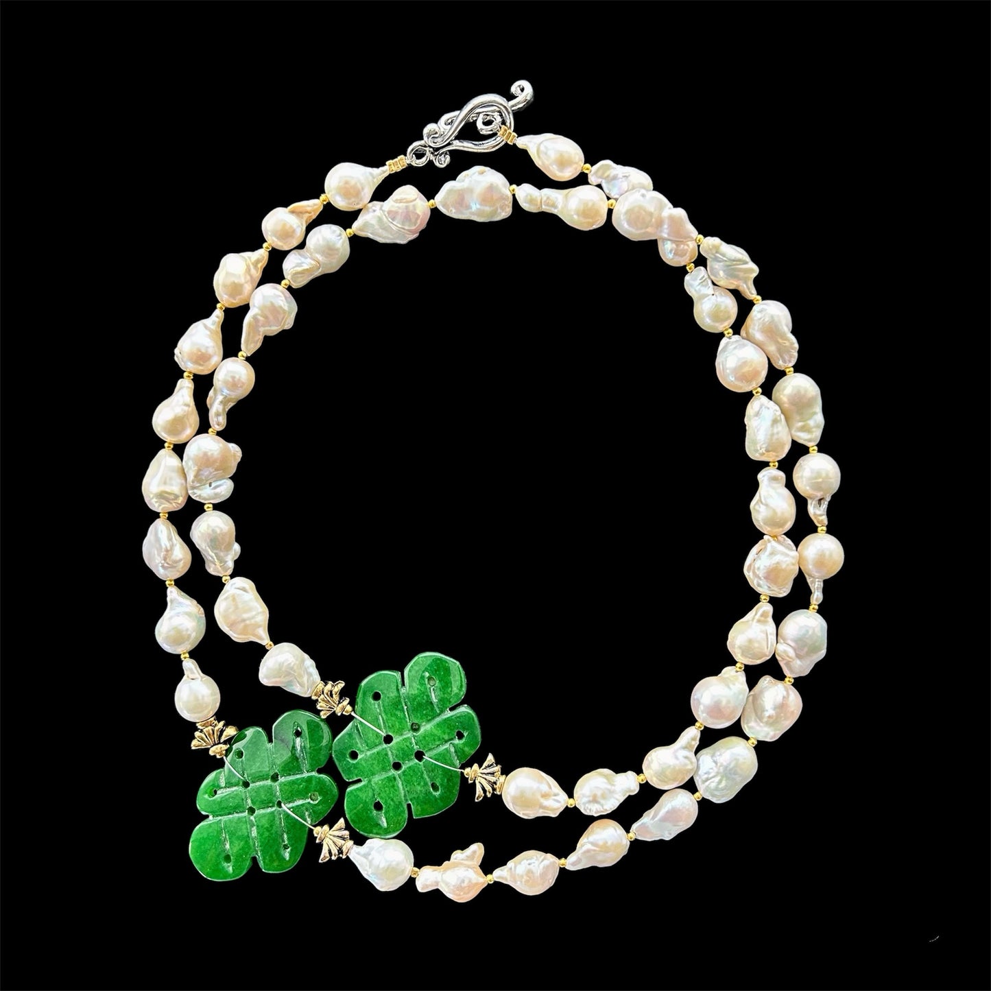 Baroque freshwater pearl necklace with jade infinity knot carvings