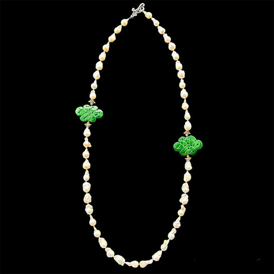 Baroque freshwater pearl necklace with jade infinity knot carvings