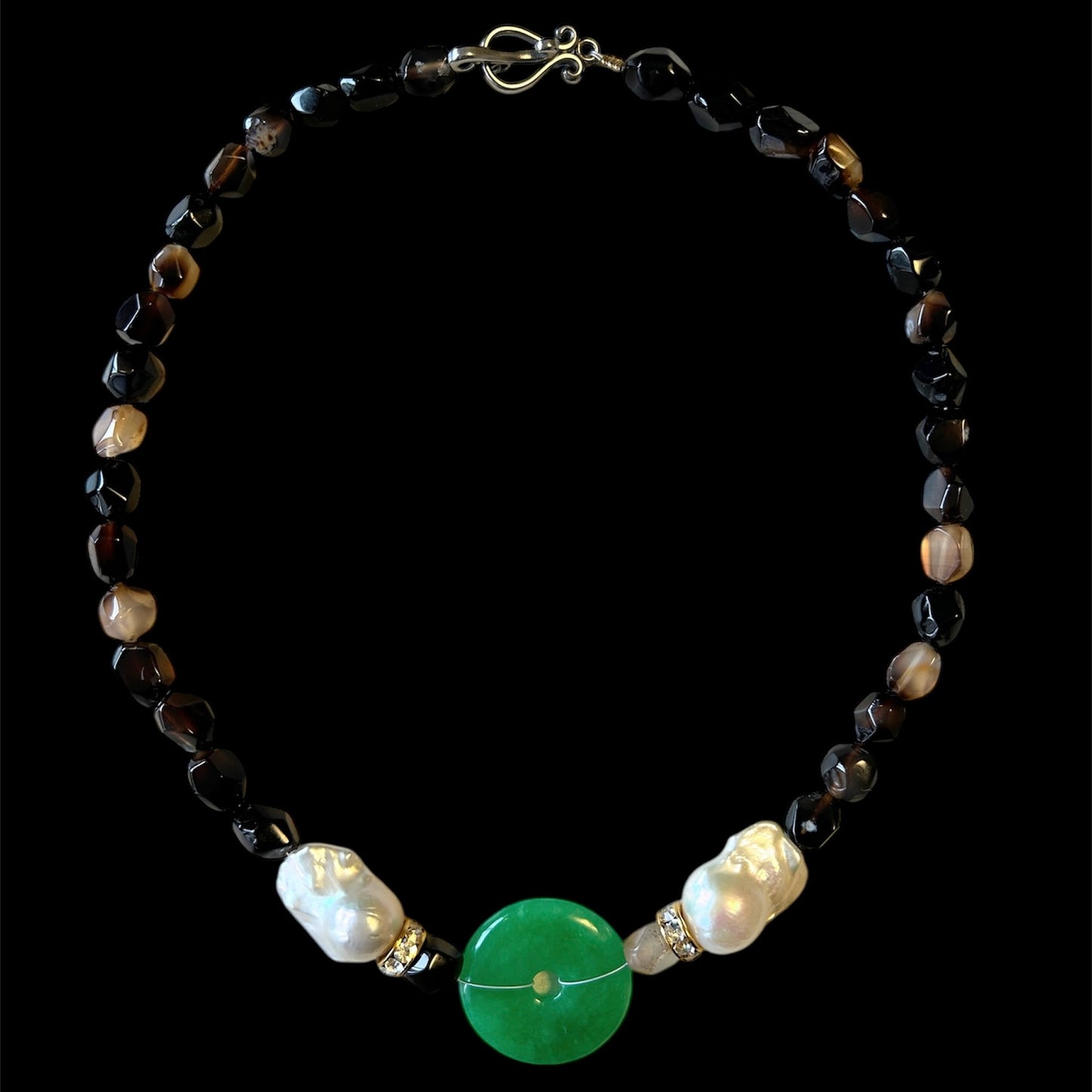 Black agate choker with aventurine donut and baroque freshwater pearls