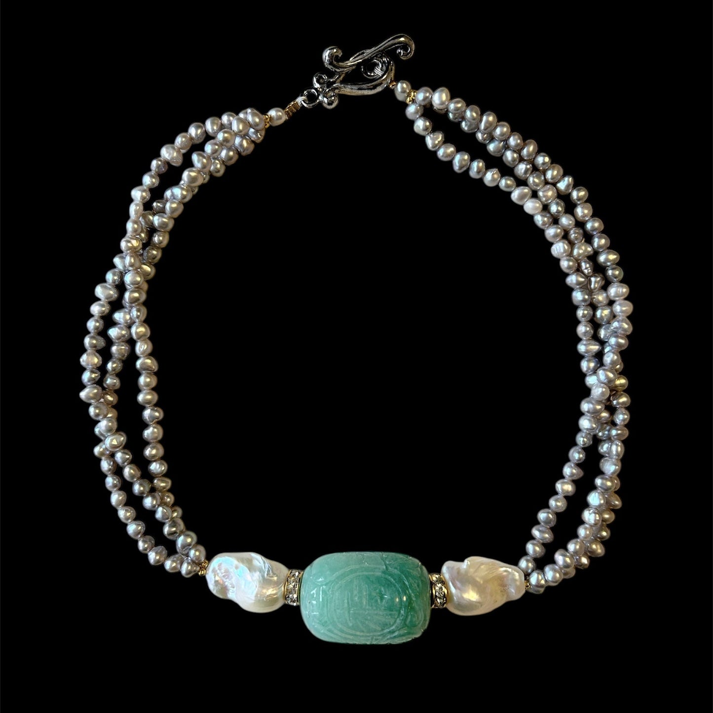 Silver freshwater pearl choker with carved aventurine bead and baroque freshwater pearls