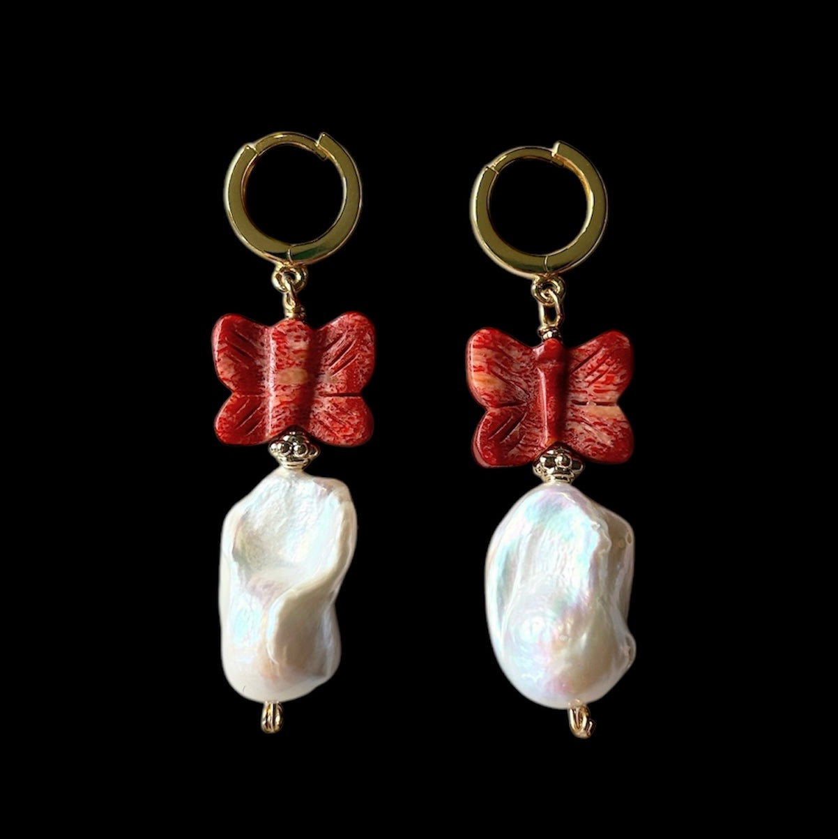 Baroque freshwater pearl earrings with sponge coral butterflies