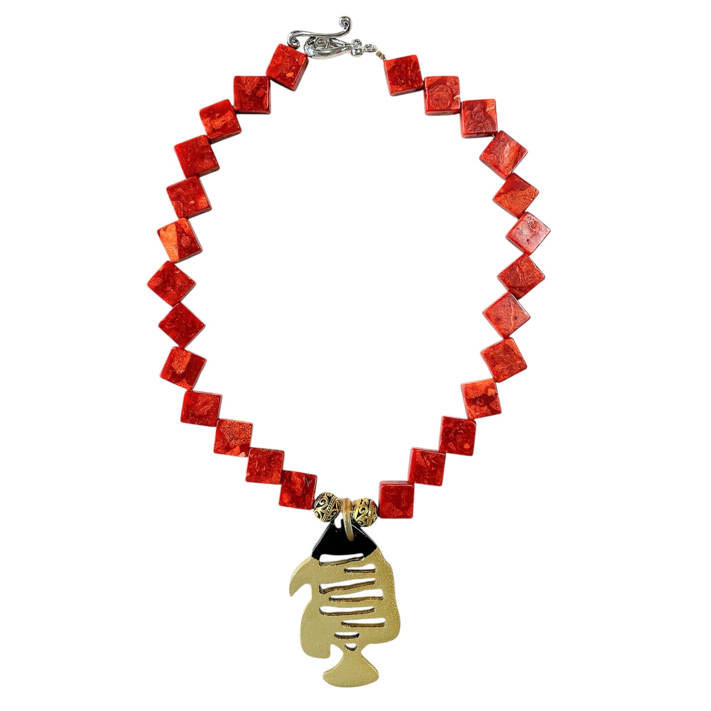 Sponge coral necklace with gold buffalo horn and lacquer tropical fish