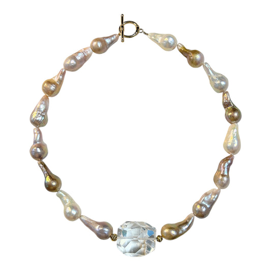 Golden pink baroque freshwater pearl choker with crystal