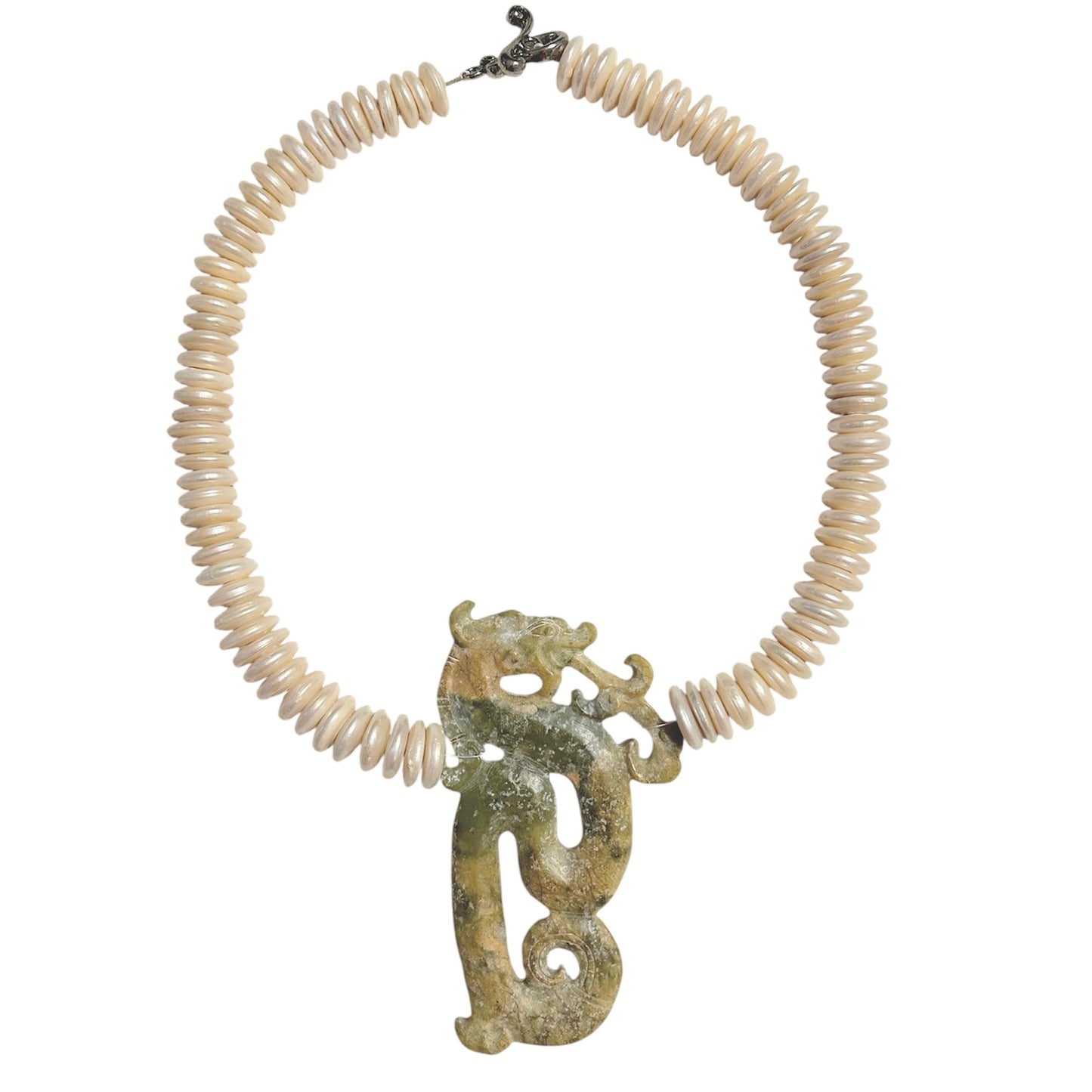 Coin freshwater pearl choker with hand carved jade fire spitting dragon