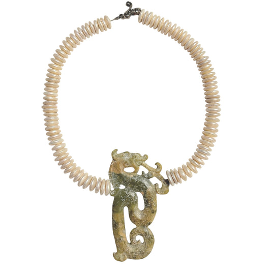 Coin freshwater pearl choker with hand carved jade fire spitting dragon