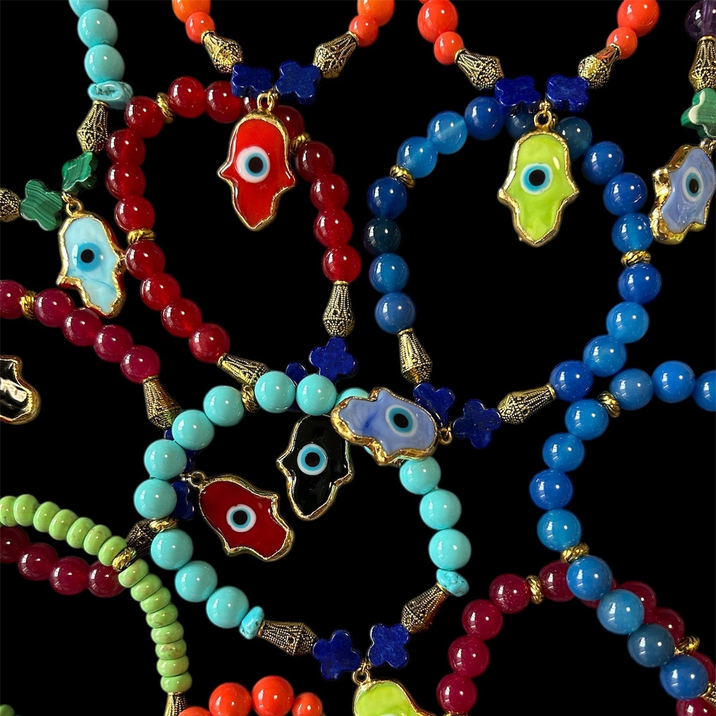 Semi-precious stone and glass evil eye pendant bracelets