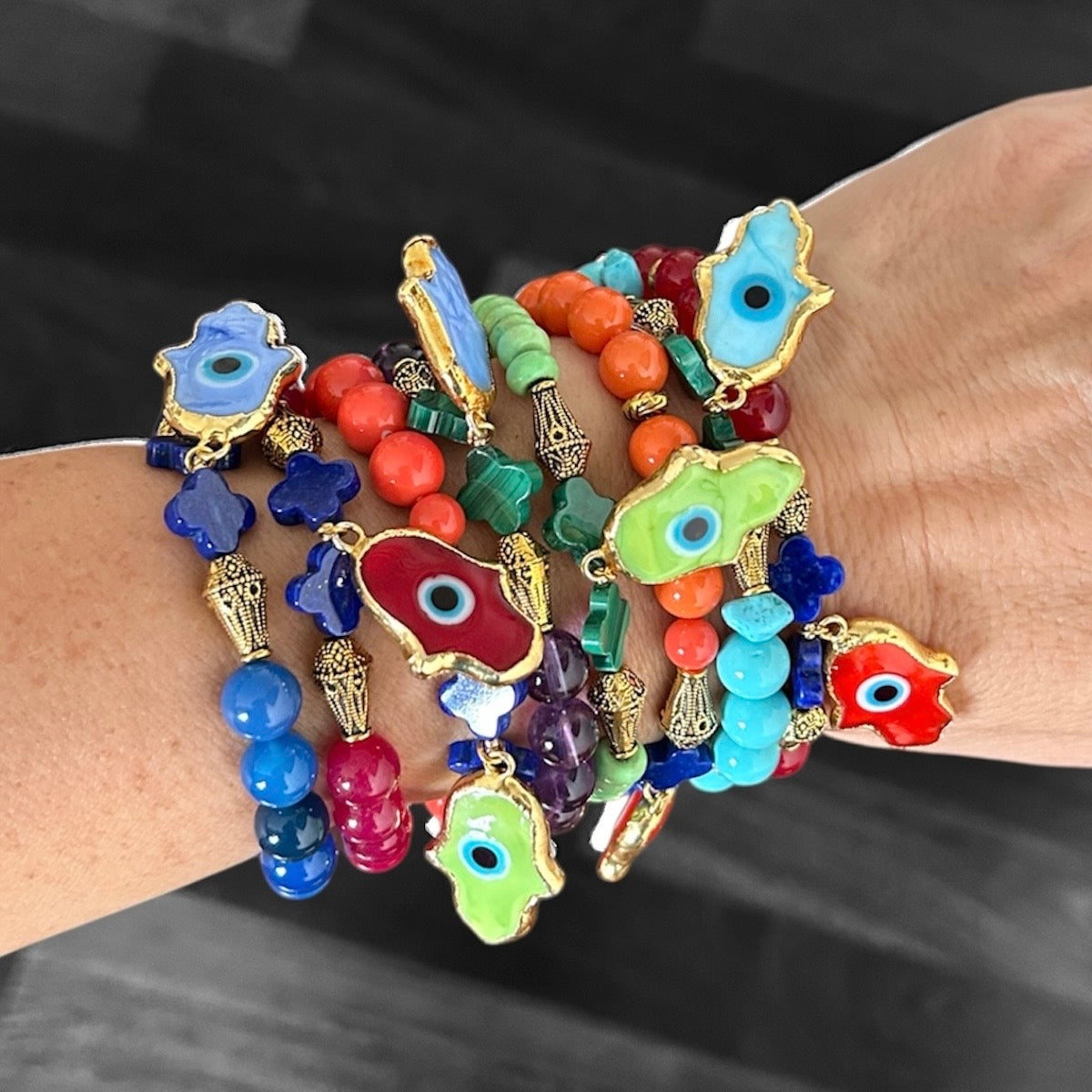 Semi-precious stone and glass evil eye pendant bracelets