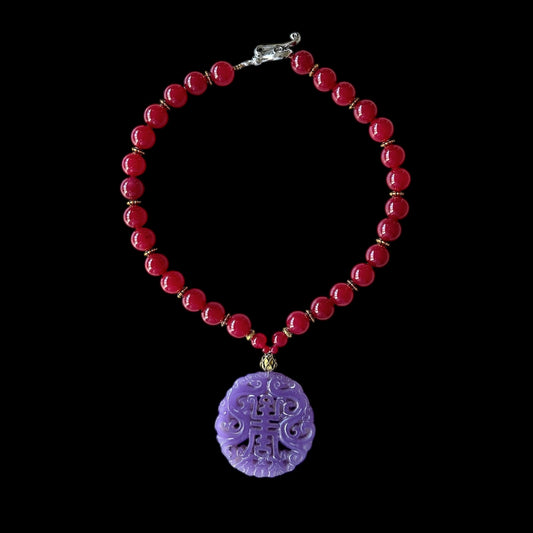 Ruby coloured jade choker with lilac carving
