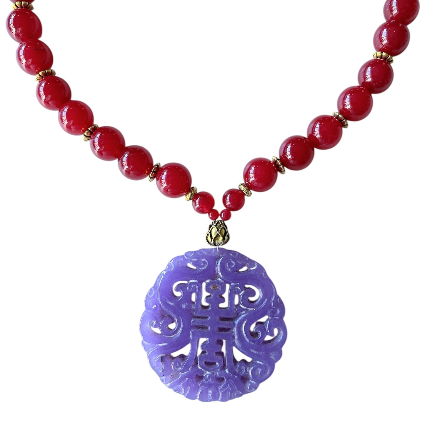 Ruby coloured jade choker with lilac carving