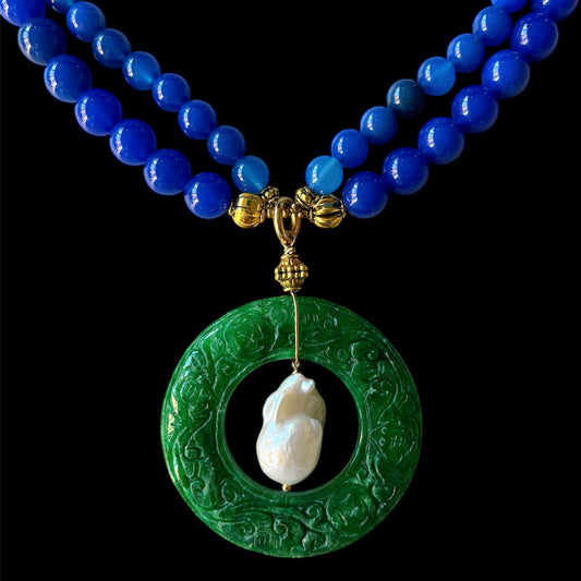 Blue agate 2 strand choker with jade carved donut and baroque freshwater pearl