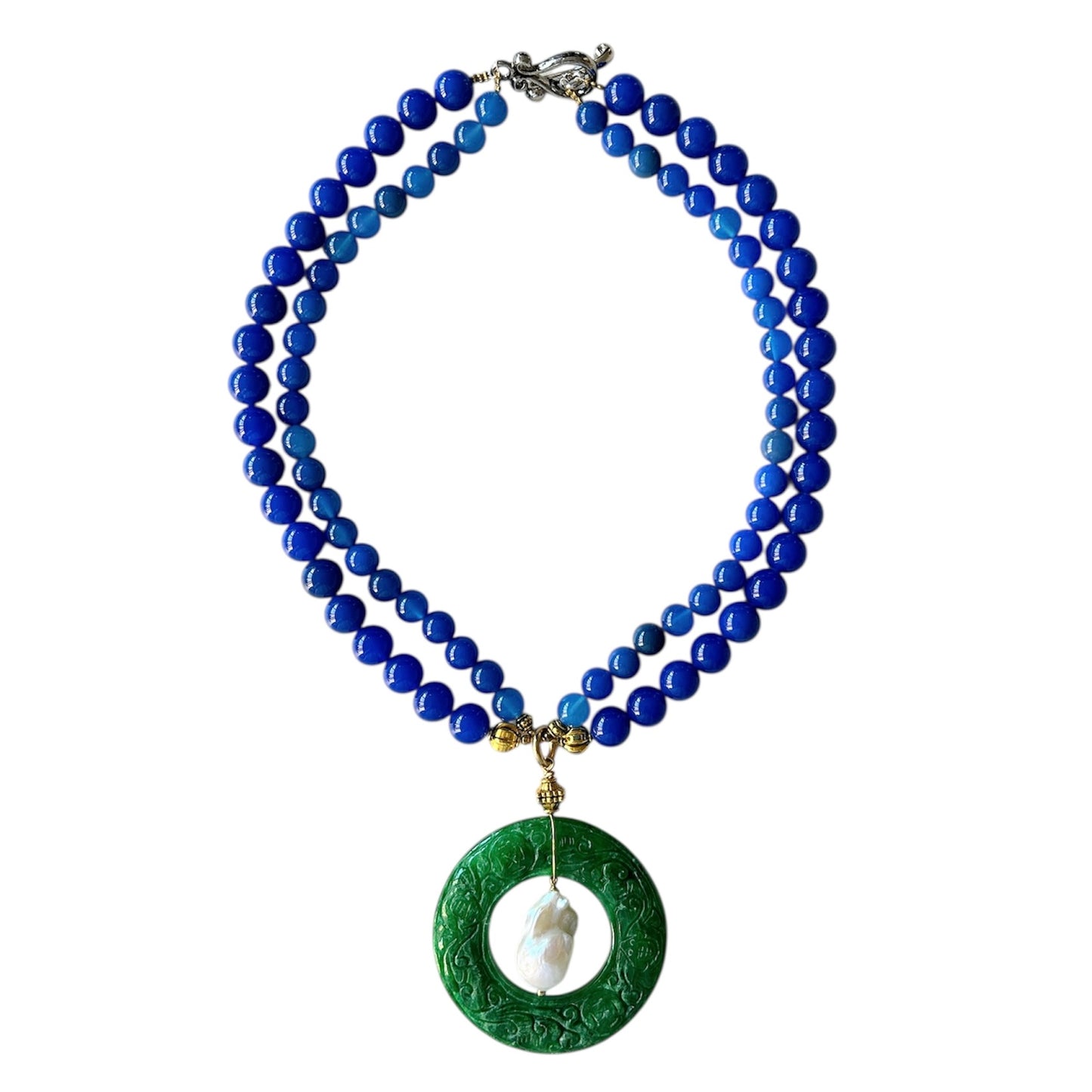 Blue agate 2 strand choker with jade carved donut and baroque freshwater pearl