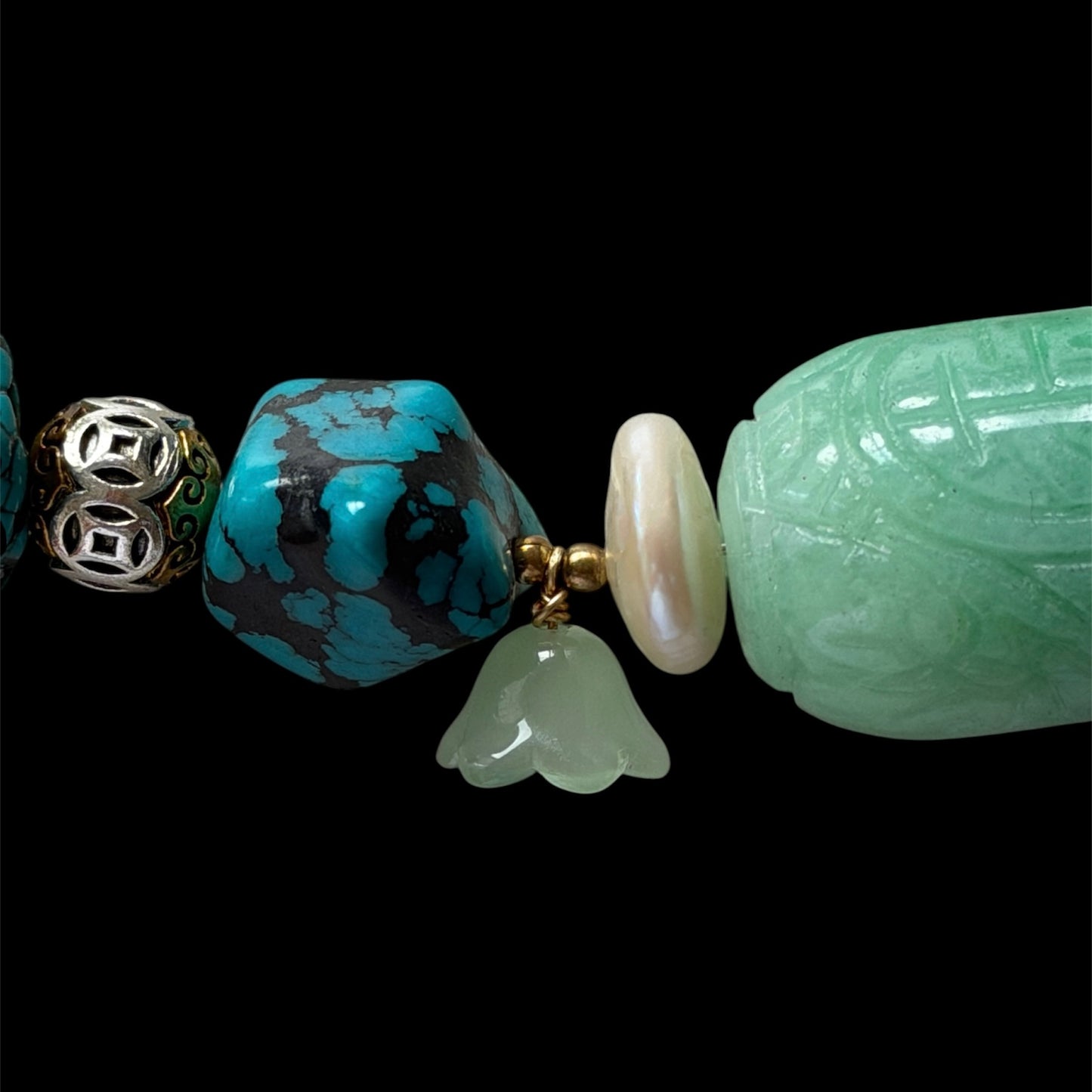 Turquoise, jade, freshwater pearls and bamboo coral necklace