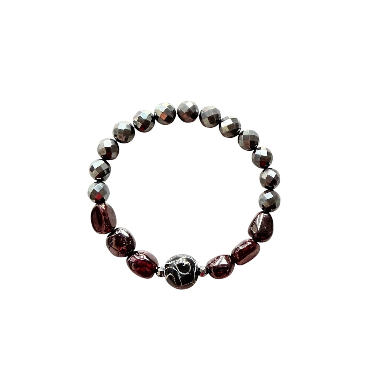 Hematite, garnet and old jade men’s bracelet