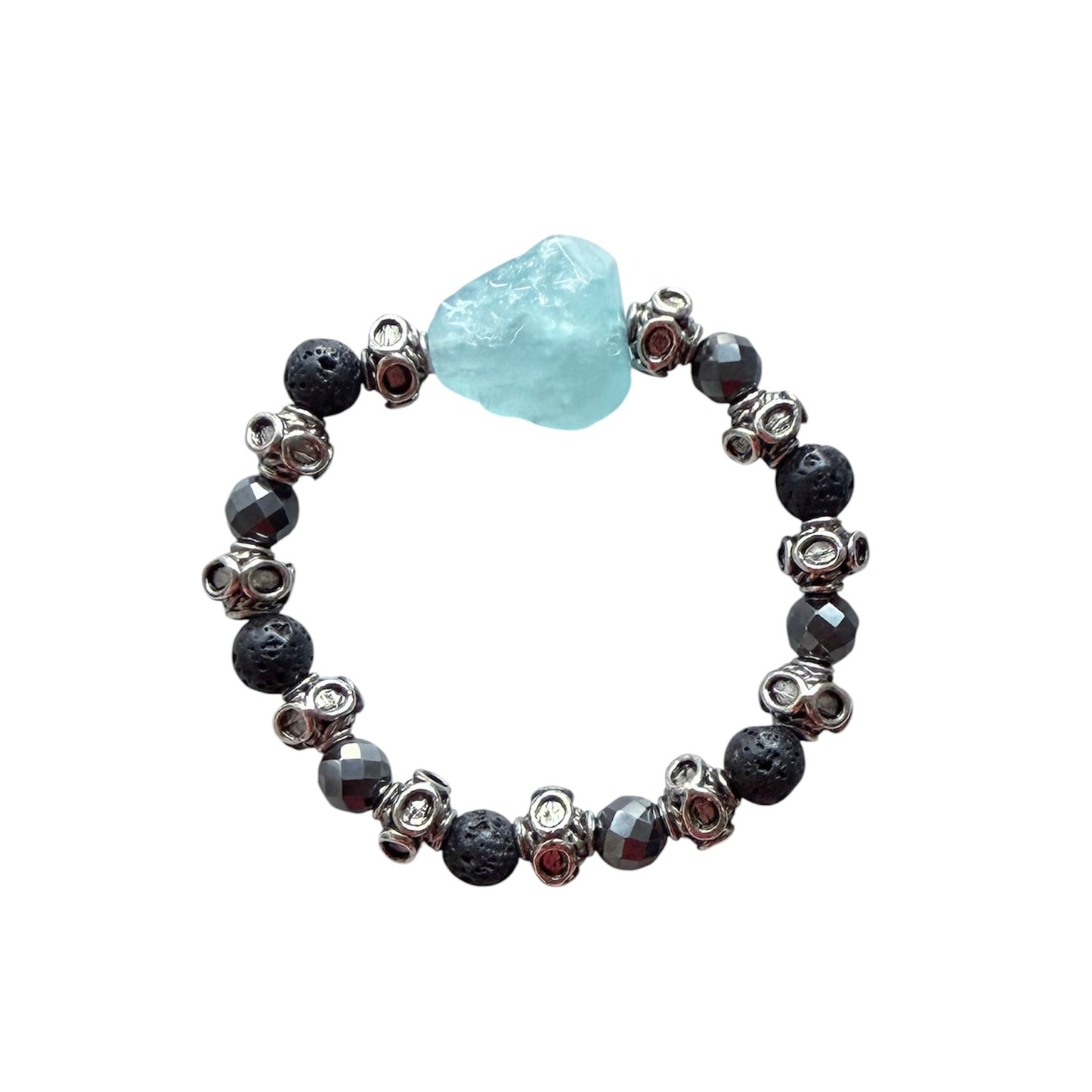 Aquamarine, lava stone and metal men’s bracelet
