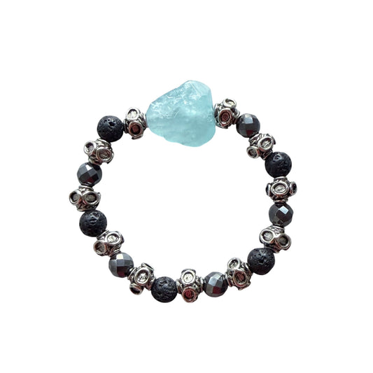 Aquamarine, lava stone and metal men’s bracelet