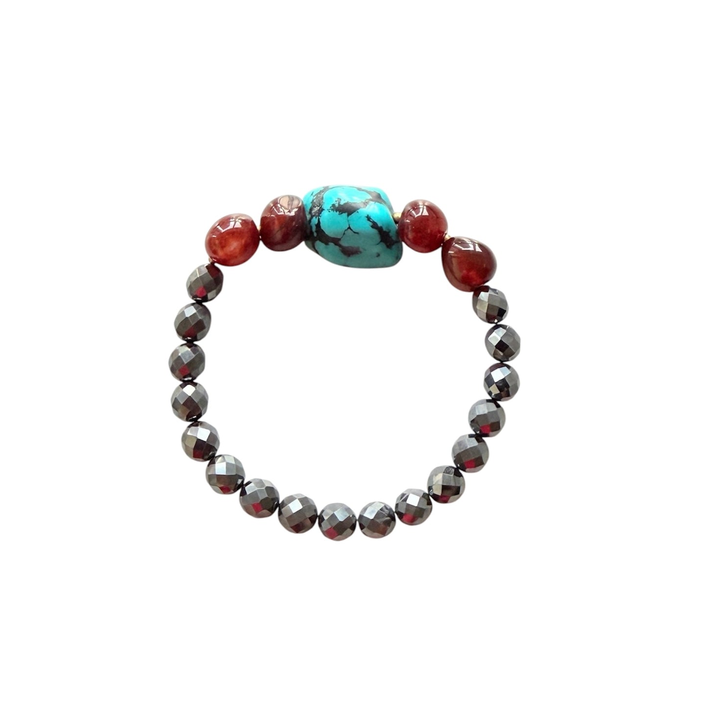 Hematite, carnelian and turquoise nugget men’s bracelet