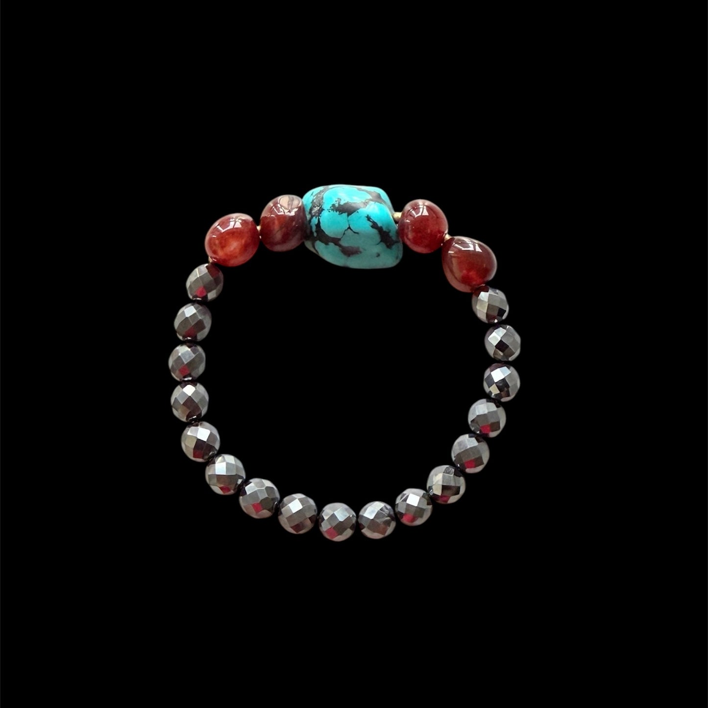 Hematite, carnelian and turquoise nugget men’s bracelet