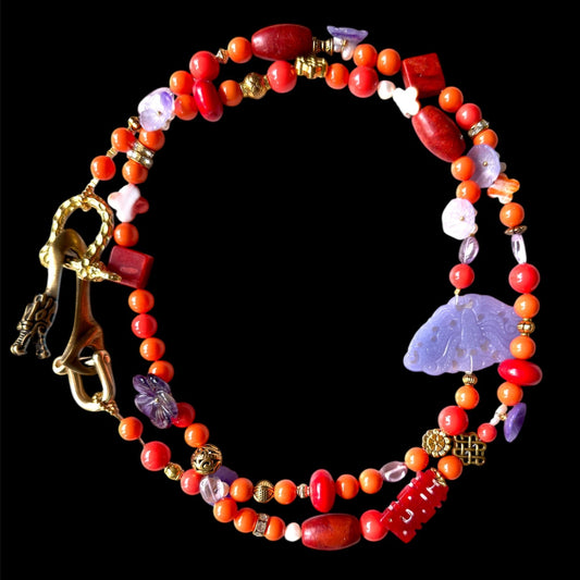 Shell coral necklace with jade carvings, a brass dragon clasp, semi-precious stones and freshwater pearls