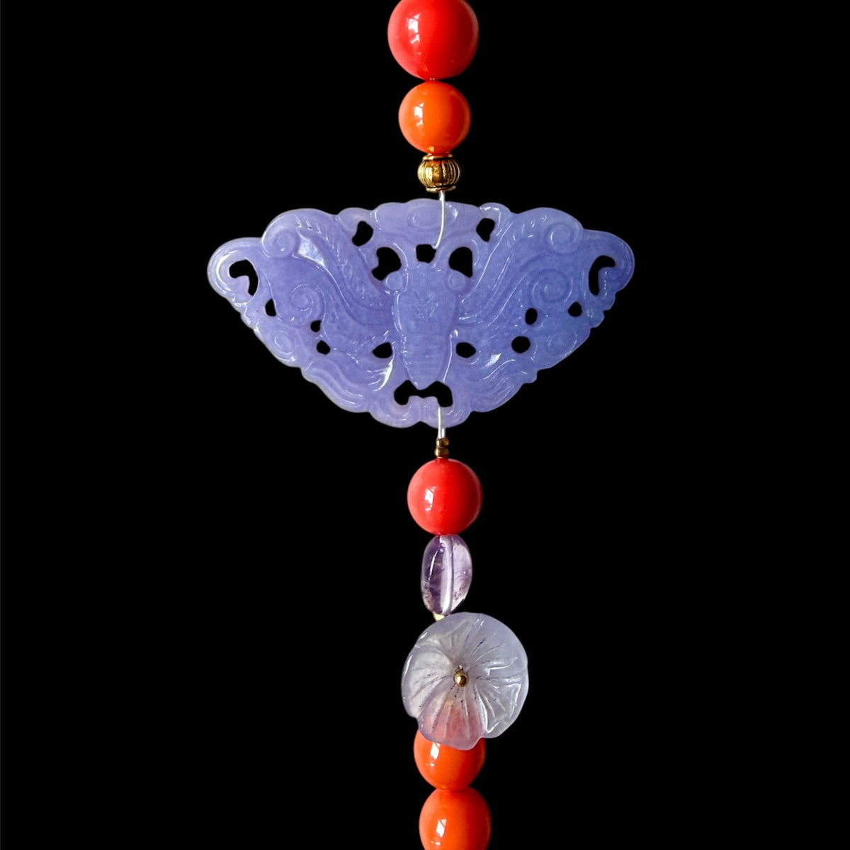 Shell coral necklace with jade carvings, a brass dragon clasp, semi-precious stones and freshwater pearls