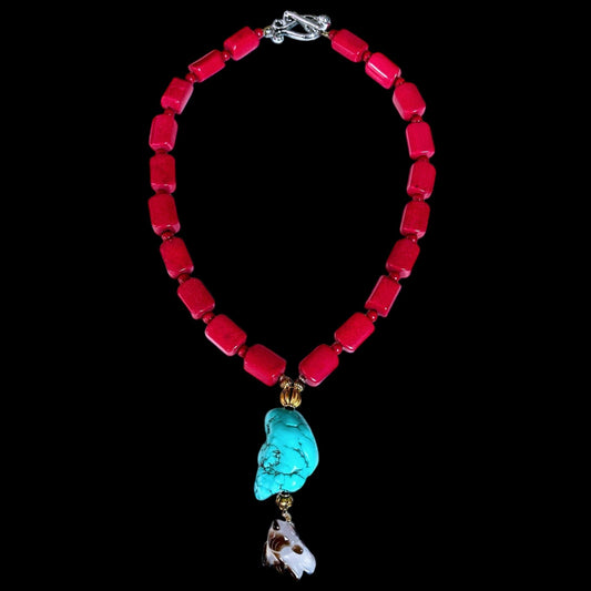 Red howlite necklace with turquoise howlite nugget and agate goldfish