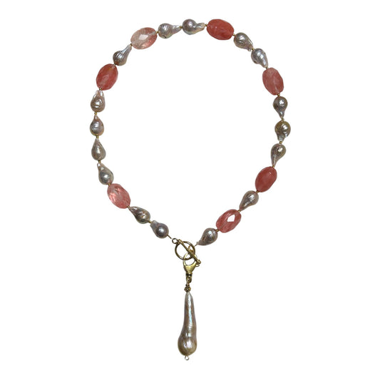 Pink champagne baroque freshwater pearl and watermelon quartz choker with removable pearl pendant