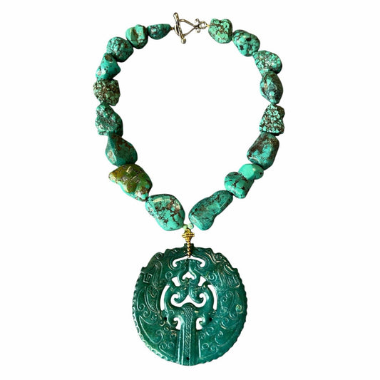Turquoise nugget necklace with dragon and phoenix carving