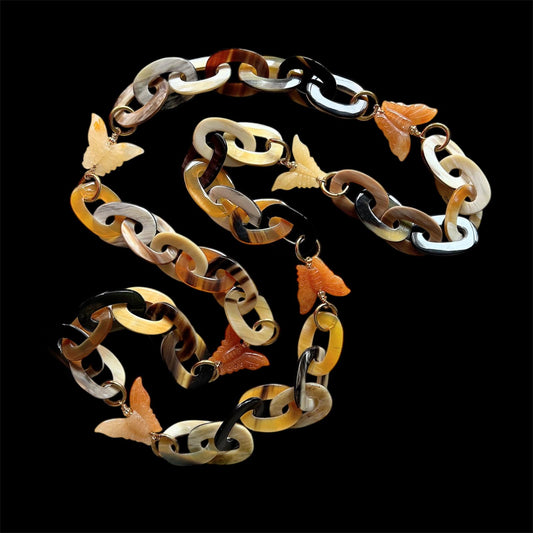 Buffalo horn necklace with yellow jade and red agate butterflies