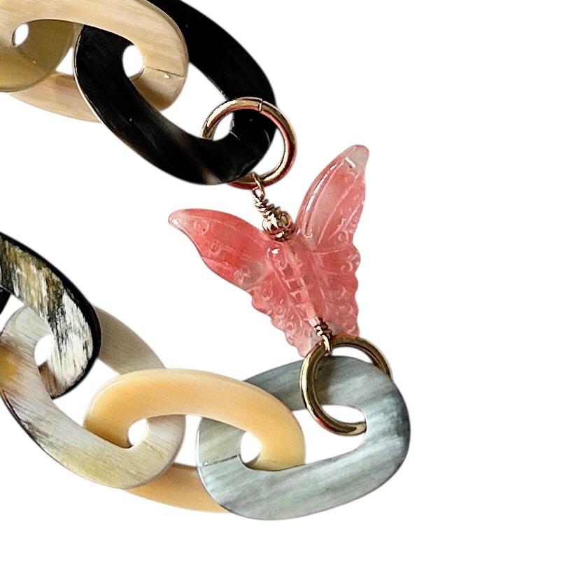 Buffalo horn necklace with strawberry quartz butterflies and beads