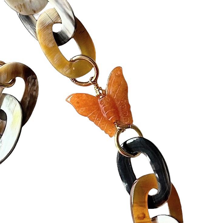 Buffalo horn necklace with yellow jade and red agate butterflies