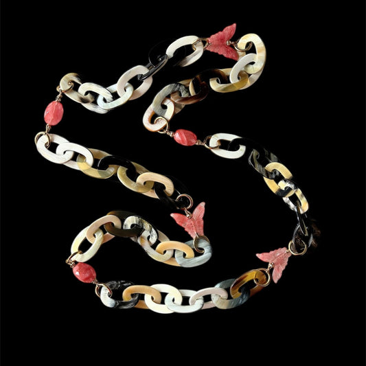 Buffalo horn necklace with strawberry quartz butterflies and beads
