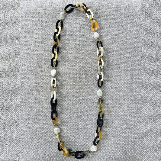 Buffalo horn necklace with coin freshwater pearls
