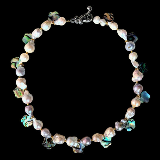 White, grey and pink baroque freshwater pearl choker with abalone shell flowers