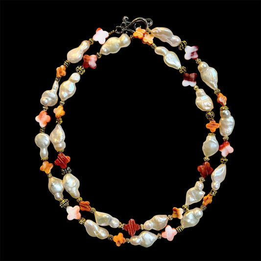 Flat baroque freshwater pearl and conch shell necklace