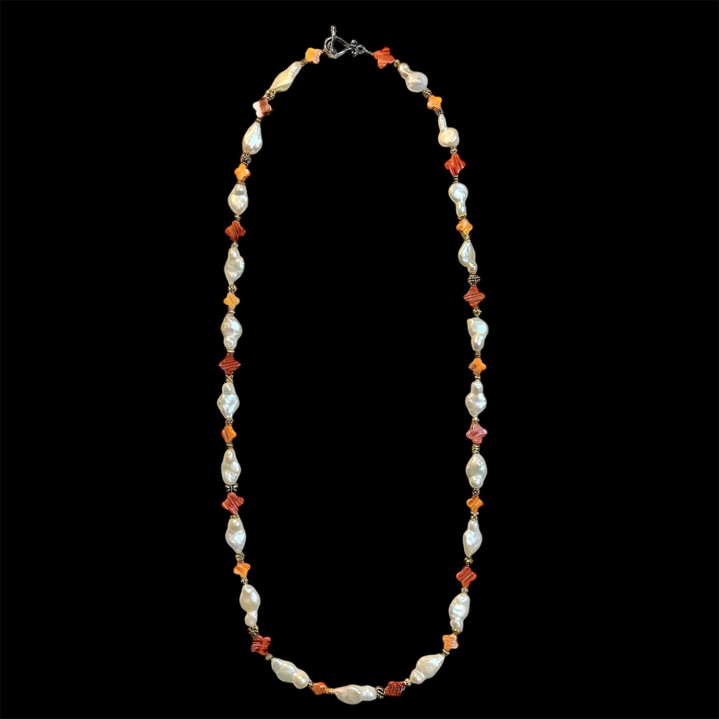 Flat baroque freshwater pearl and conch shell necklace