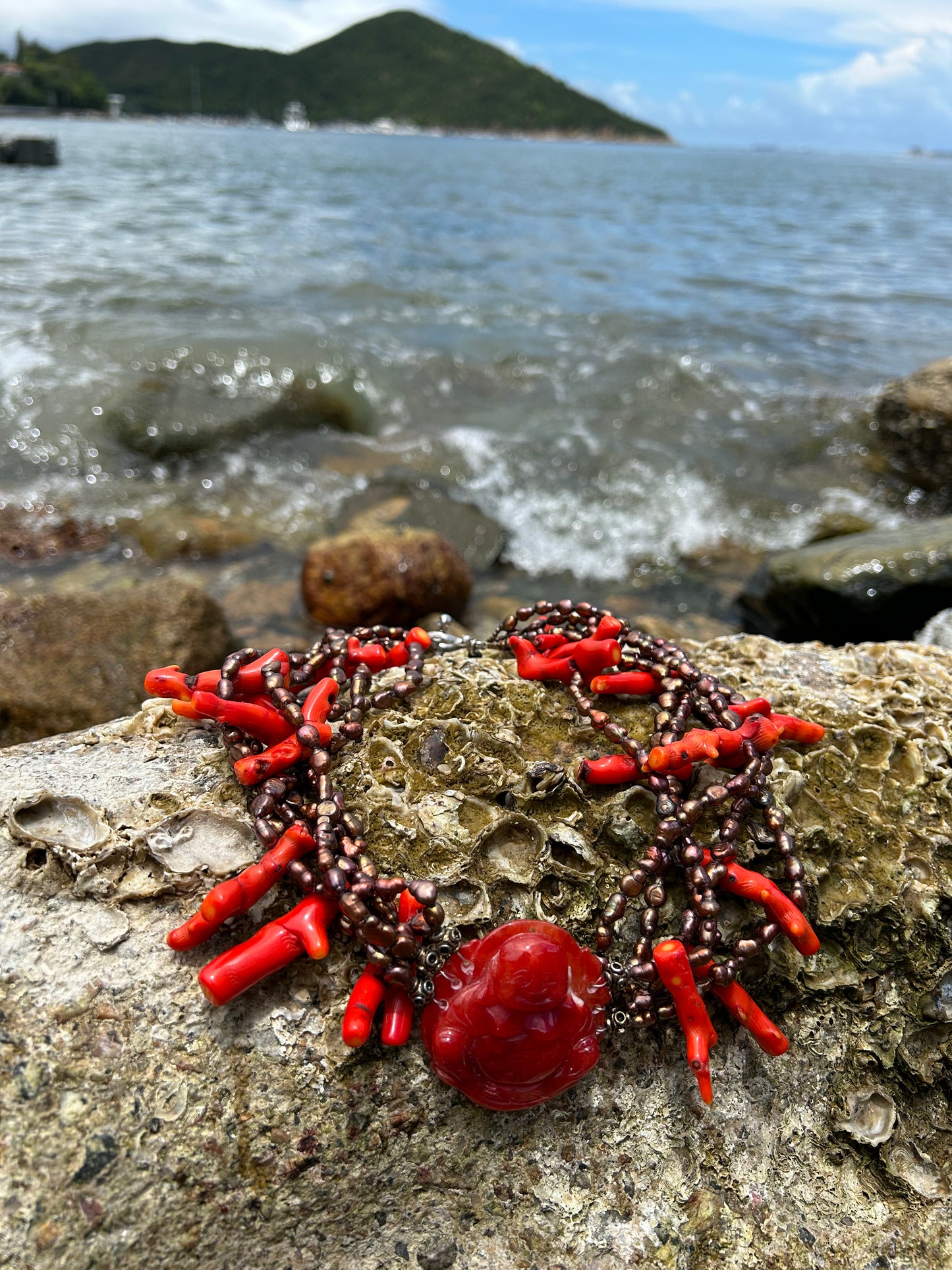 Brown freshwater pearl choker with sea bamboo and jade Buddha