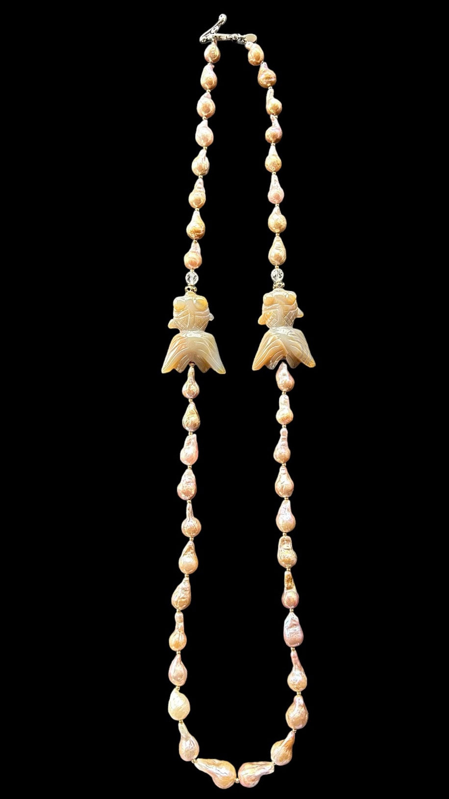 Gold baroque freshwater pearl necklace with agate goldfish