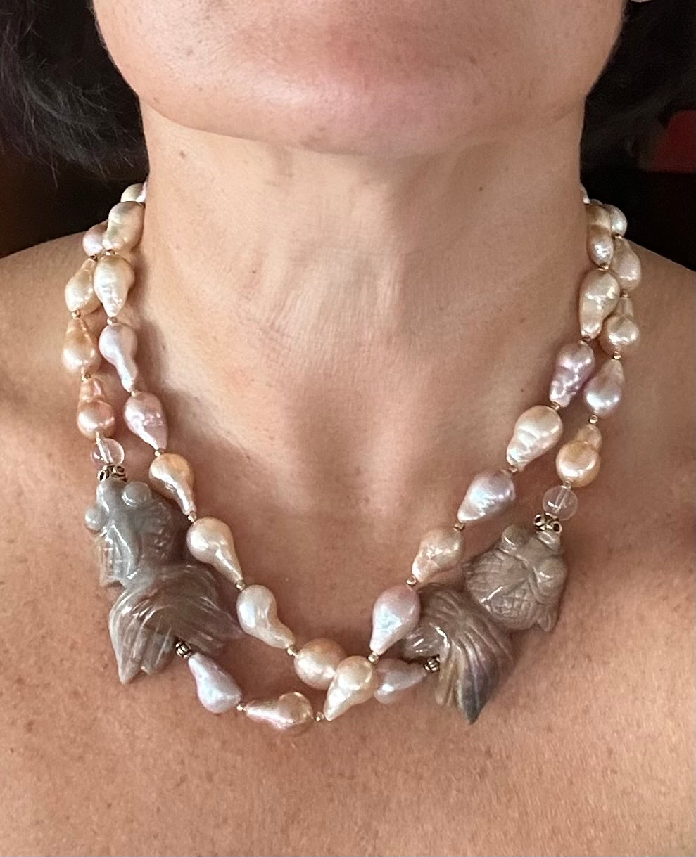 Bronze baroque freshwater pearls necklace with jasper goldfish