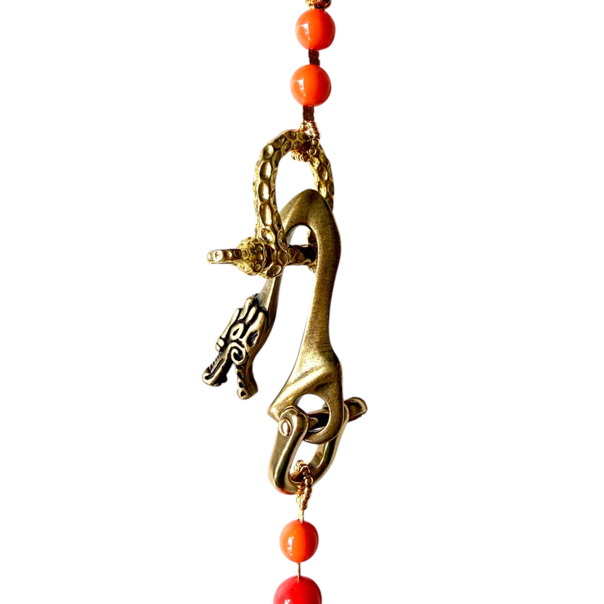 Shell coral necklace with jade carvings, a brass dragon clasp, semi-precious stones and freshwater pearls