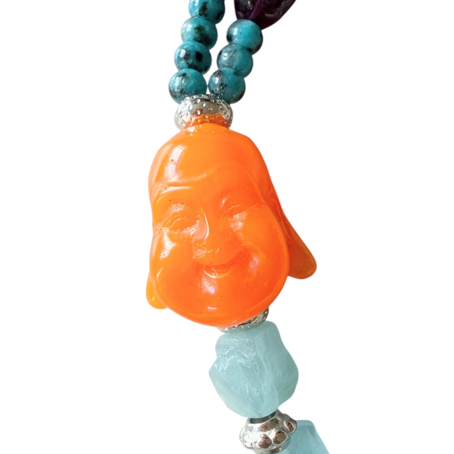 Aquamarine, amethyst and blue dalmatian jasper necklace with resin Buddha