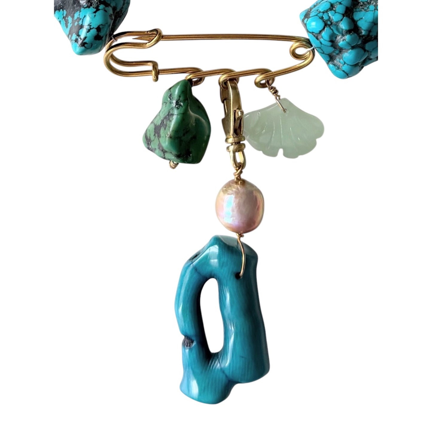Turquoise, jade, freshwater pearls and bamboo coral necklace