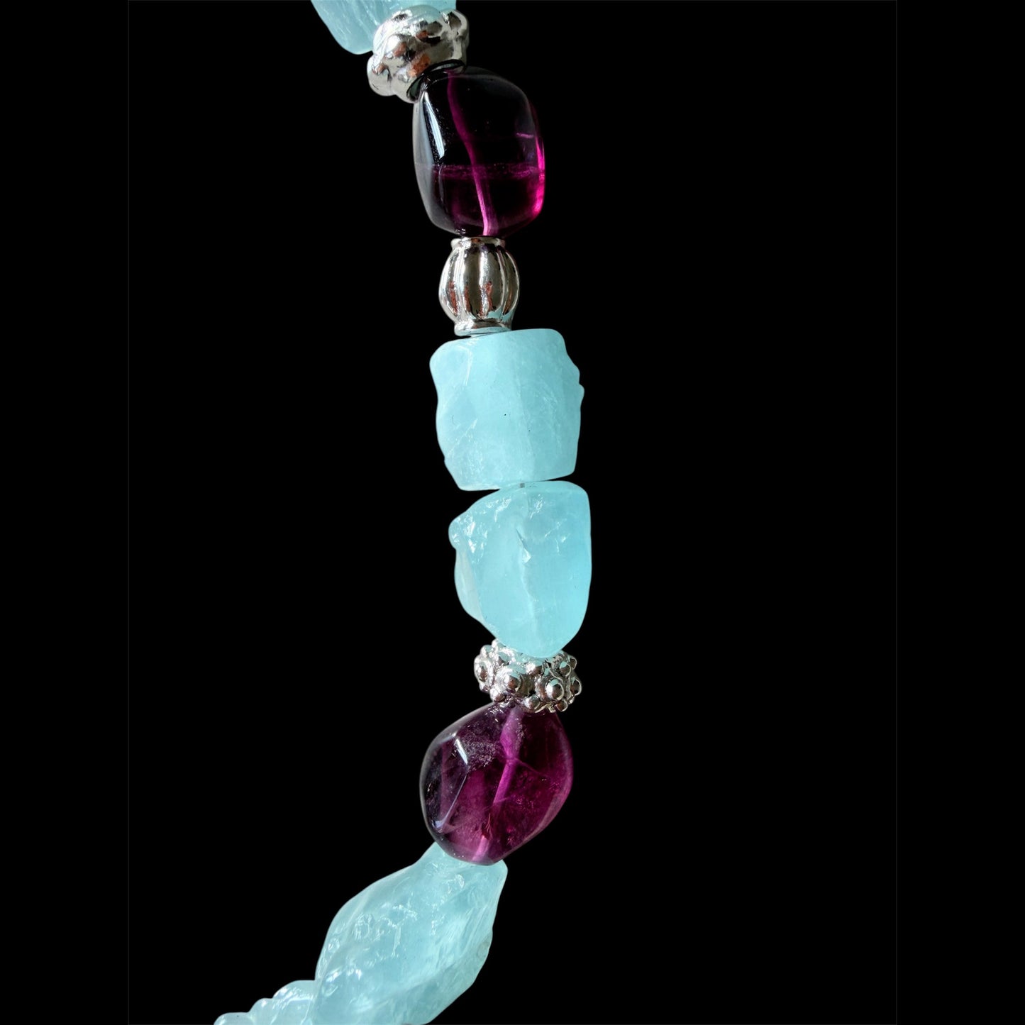Aquamarine, amethyst and blue dalmatian jasper necklace with resin Buddha