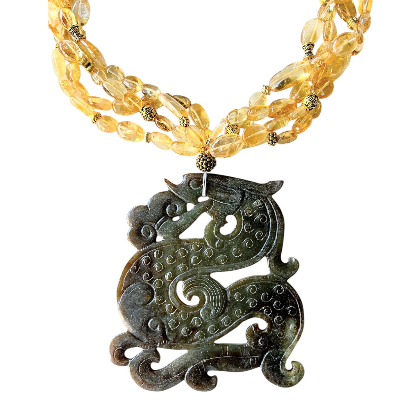 Citrine choker with a carved jade dragon pendant